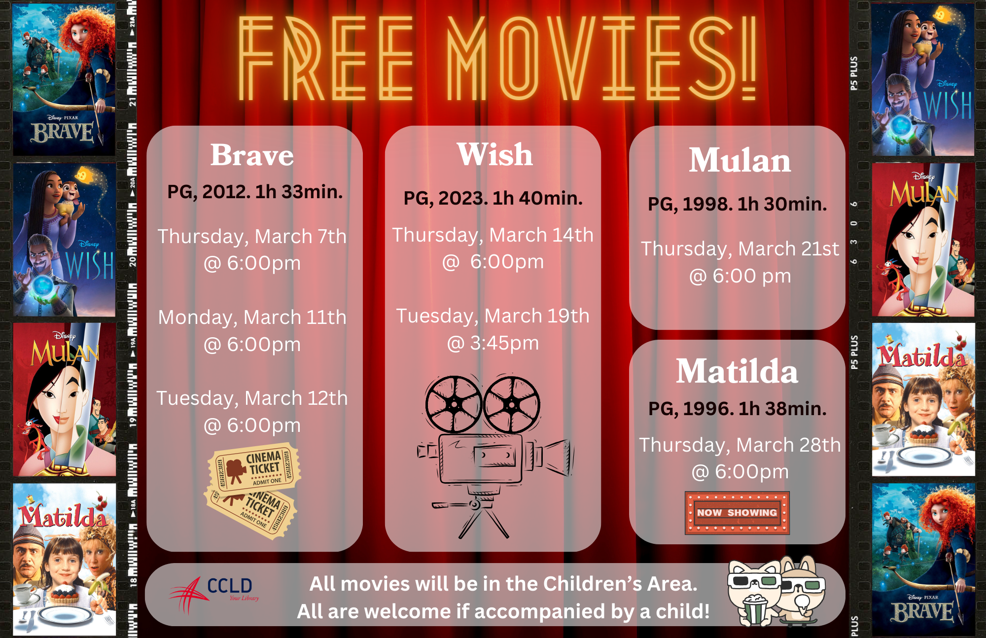 Join us to watch Disney's "Mulan"! 
Rated PG, 1998.
Snacks and water provided. All are welcome if accompanied by a child!